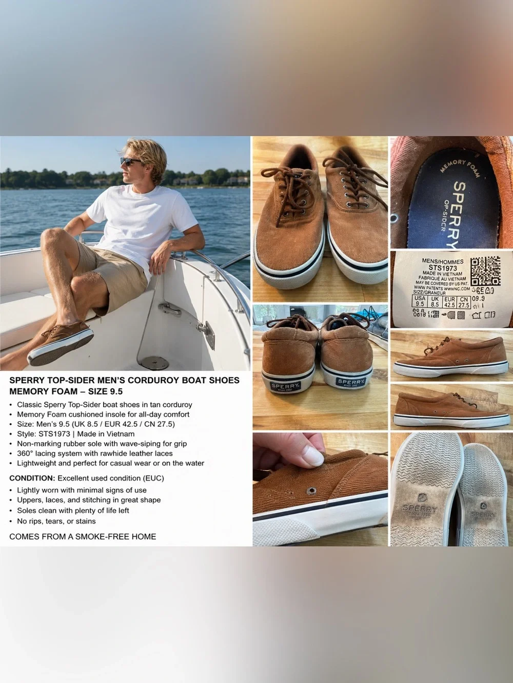 Sperry Men’s Tan Corduroy Boat Shoes with White Midsole